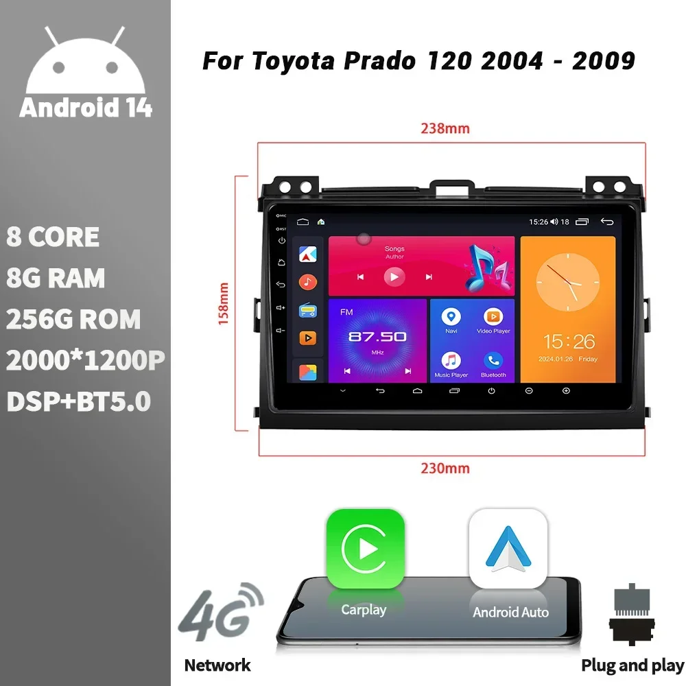 Android bluetooth sem fio carplay tela de toque estéreo rádio do carro reprodutor multimídia navegação para toyota prado 120 2004 - 2009