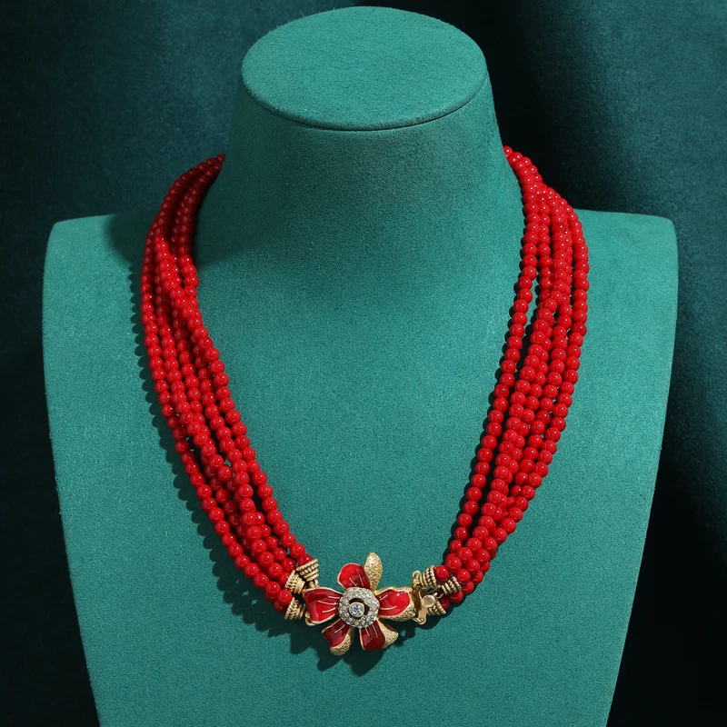 

Retro Red Layered Beaded Necklaces Natural Stone Rhinestones Chain Flower Antique Jewelry Women Vintage Wedding Accessories 2026
