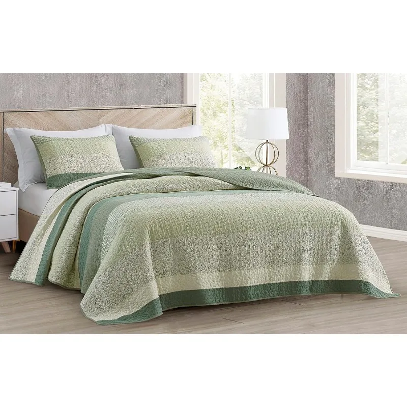 Collection 3-Piece Chic Patchwork Quilt Set - Green Floral Striped Coverlet - Pre-Washed Cotton Lightweight Reversible Bedspread