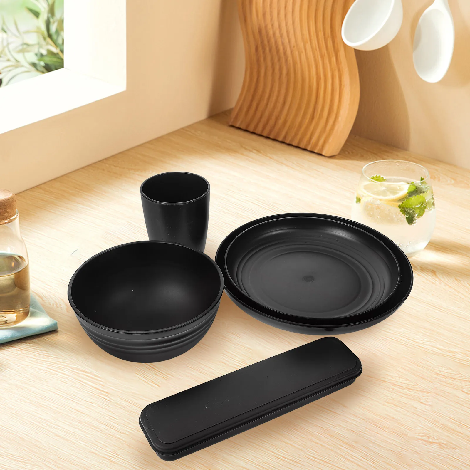 

4 комплекта, черный дорожный набор столовых приборов, походная посуда, портативная миска, вилка, ложка, посуда для пикника, посуда для кемпинга, посуда