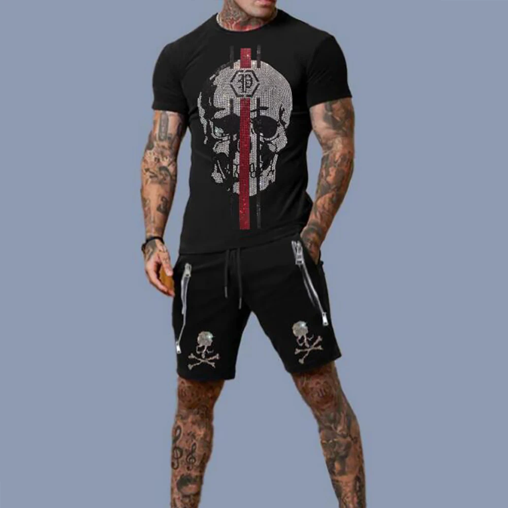 

Men's Street Suit Skull Rhinestone Short Sleeved T-shirt Shorts Set Summer Hip Hop Sports Cotton Tees Shorts Pants Homme Clothes