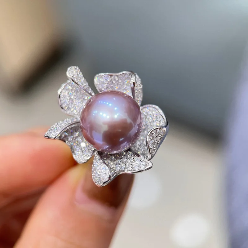 

MeiBaPJ 11-12mm Natural Freshwater Pearls Fashion Flower Ring 925 Sterling Silver Fine Wedding Jewelry for Women