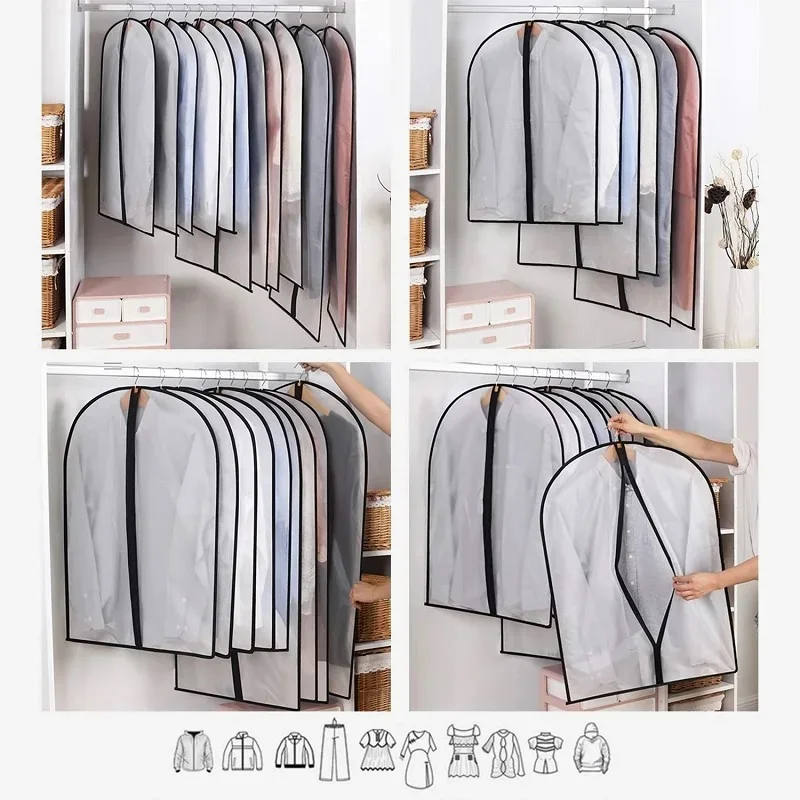 Transparent Dust Cover for Clothes, Hanger Cover with Zipper, Waterproof, Coat, Suit, Dress, Clothes Organizer