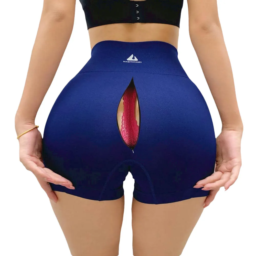 

45-70kg Workout Yoga Shorts Open Crotch High Waisted Tummy Control Gym Biker Shorts