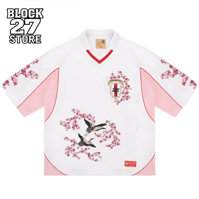 Men Neptunz Shirt Sakura Crane Embroidery Jersey Tee Harajuku Unisex Loose Fit Color Block Short Sleeve Streetwear Boxy Football