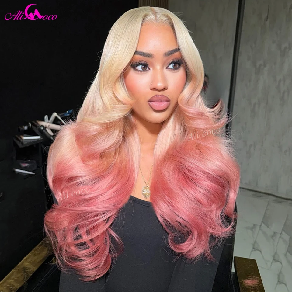 

13x6 Lace Front Human Hair Body Wave Wig Ombre 613 and Romantic Pink Colored 180 Density Transparent Lace Pre Plucked for Women