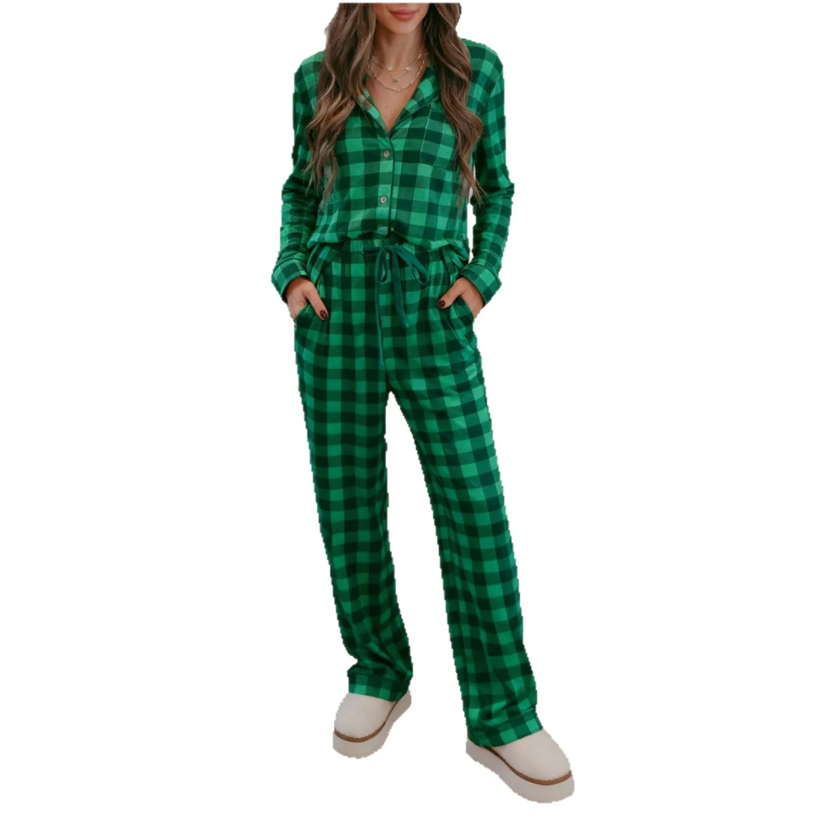 

2025 New Christmas Pajamas Two-piece Set For Women Long-sleeved Shirt Trousers Suit Fashionable Luxury Home Clothes Sleepwear