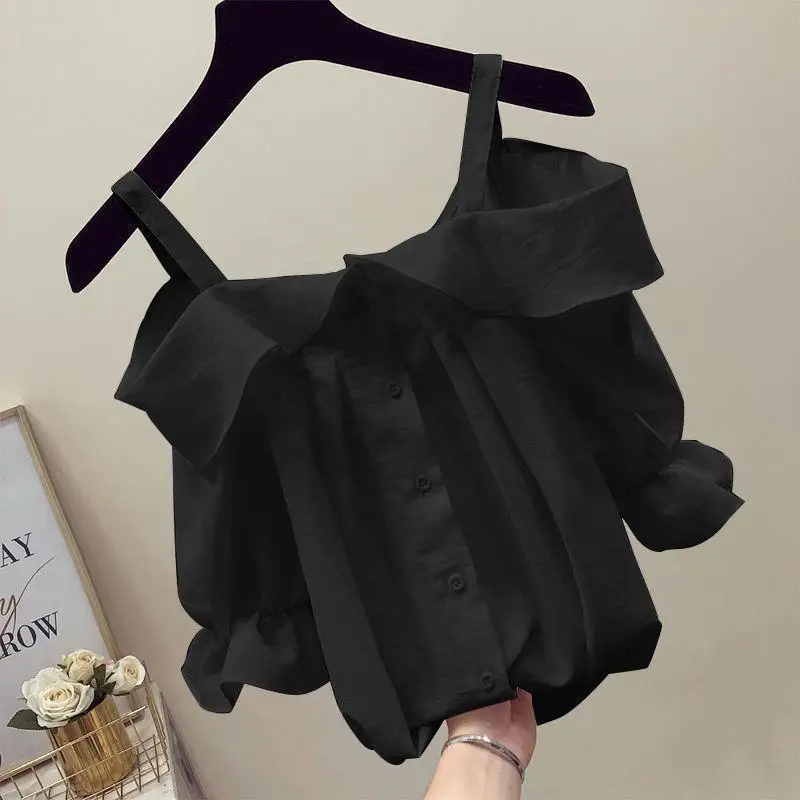 Women Summer Fashion Sweet Ruffles Solid Color Slash Neck Short Sleeve Chiffon Shirts Women Clothes Casual All-match Trend Tops