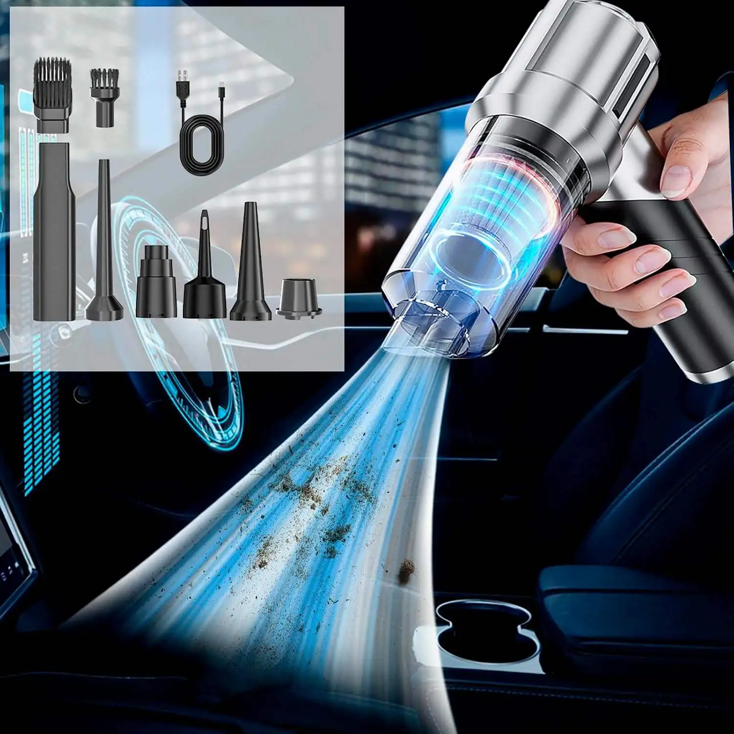 مكنسة كهربائية للسيارة لاسلكية 18000 باسكال 4 في 1 قابلة للطي 90 °   محرك بدون فرش قابل لإعادة الشحن، محمول لتنظيف المنزل التلقائي