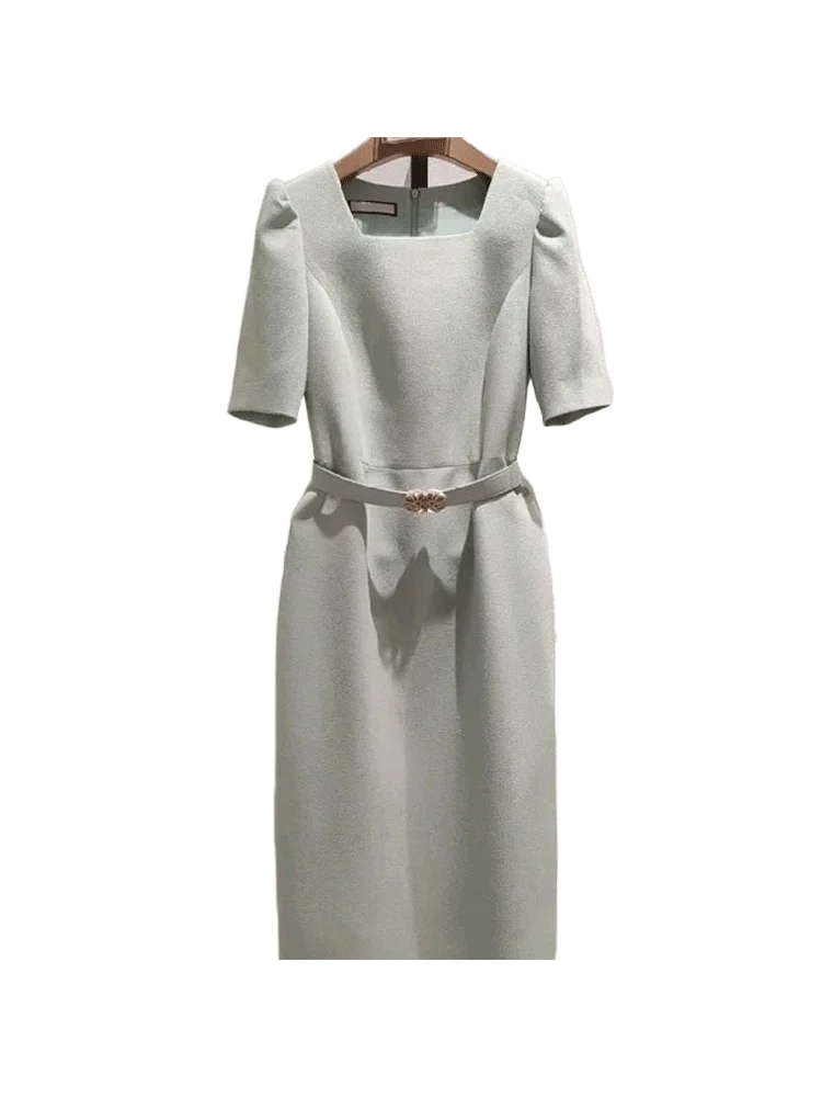 

Plus Size Ele Korean Sle Long Dr Chic Profional Square Neline Women's Faion Quilted Polyester Fiber Summer Dr