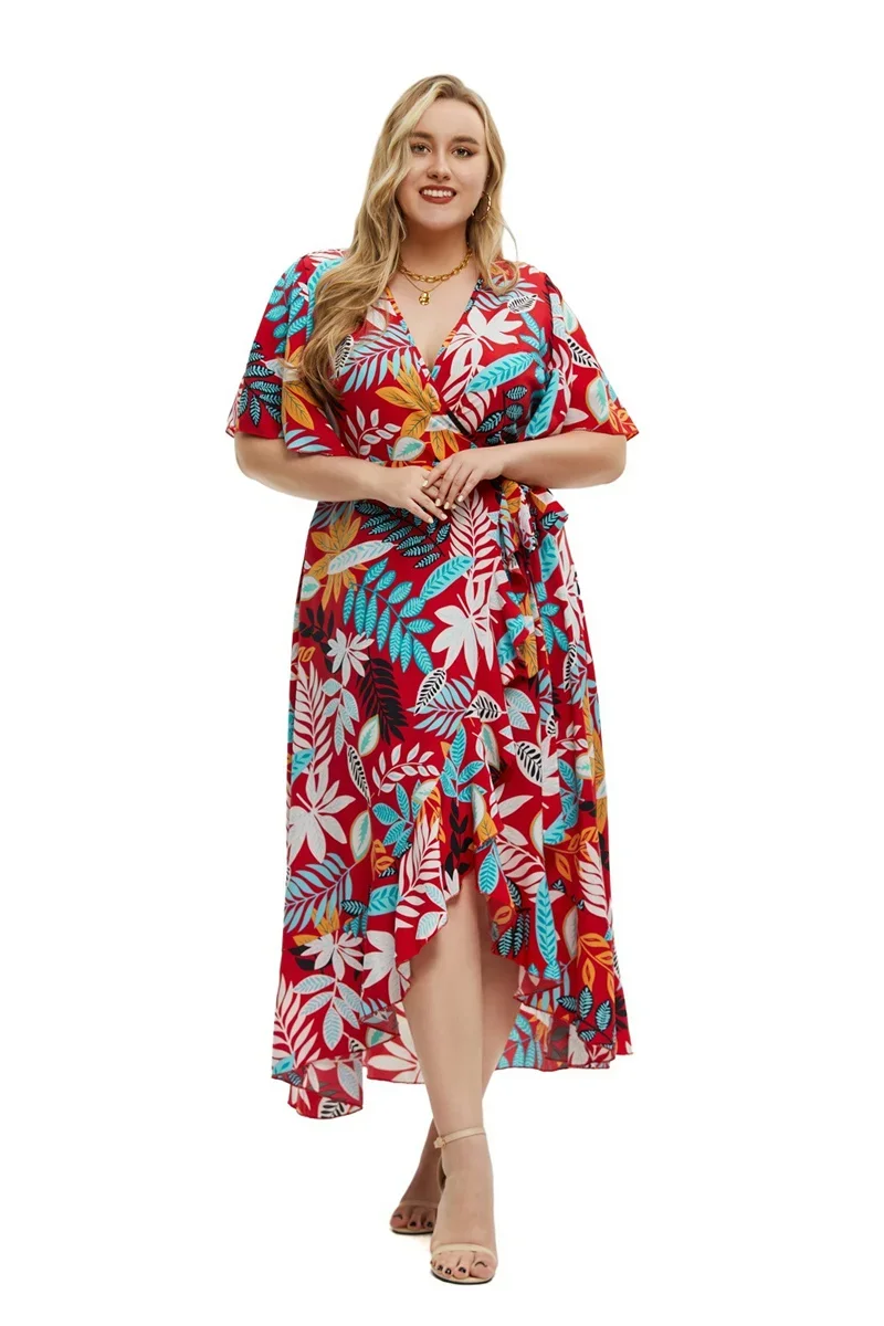 Damskie sukienki w dużych rozmiarach z dekoltem w szpic Moda damska z krótkim rękawem z nadrukiem Bohemian Dress Casual Streetwear Elegancka wiosna