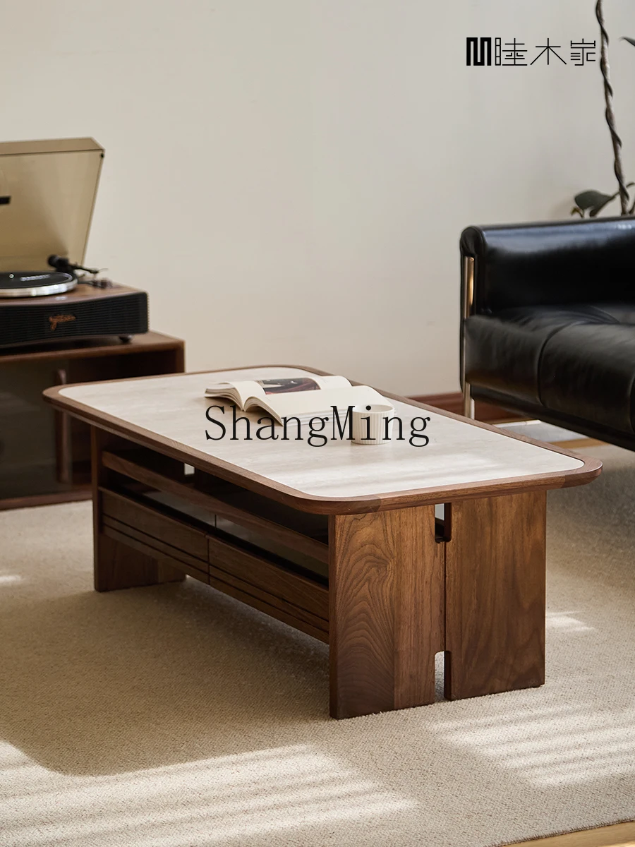 

CL walnut coffee table living room household small apartment solid wood travertine rock slab storage tea table