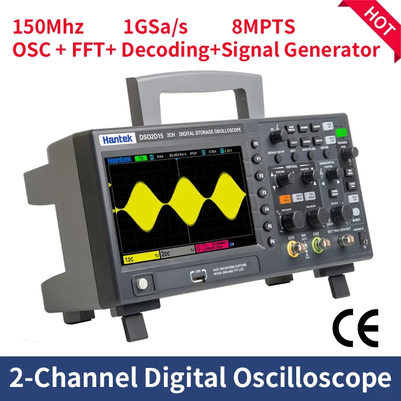 Hantek Digital Oscilloscope DSO2D15 2-channels 100Mhz 150Mhz 1GS/s FFT+decode+ 25MHz Signal Generator DSO2C10 DSO2C15 DSO2D10