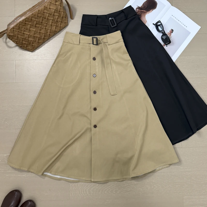 Women's Spring Autumn Single Breasted A Line Long Skirt Lady Elegant High Waist Solid Color Skirt