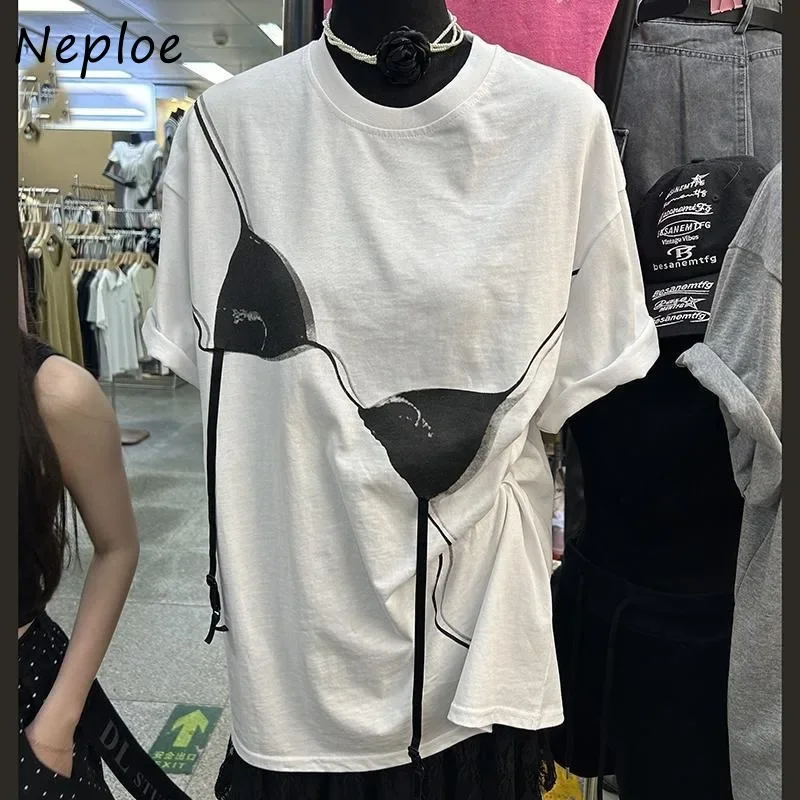 

Neploe 2025 Summer New O-neck White T-shirts Fashion Simple Mid-length Print Tops Women Y2k Short Sleeve Loose Tee Shirt