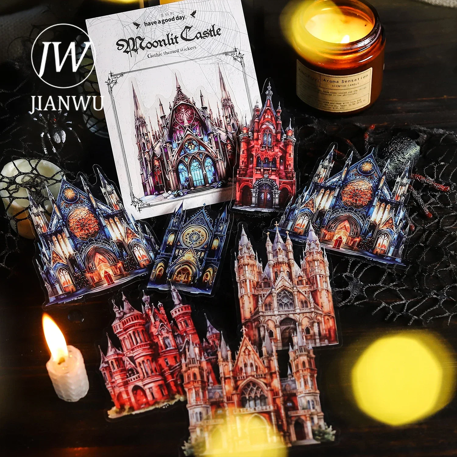 JIANWU Moonlight City Series Vintage Gothic Castle Landscaping Material Collage PET Sticker Creative DIY Journal Stationery