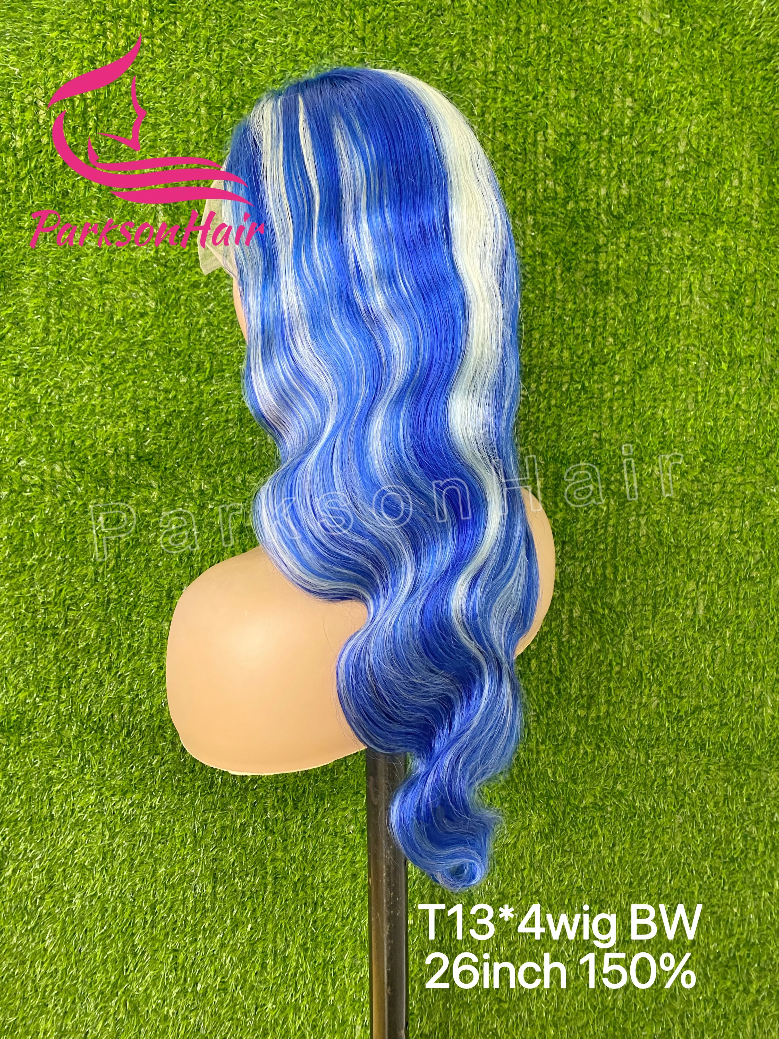 Highlights Echthaar-Lace-Front-Perücken, gewellt, grau, mit blau gefärbtem brasilianischem Rohhaar, 13 x 6, 13 x 4, Lace-Frontal-Perücken für Frauen