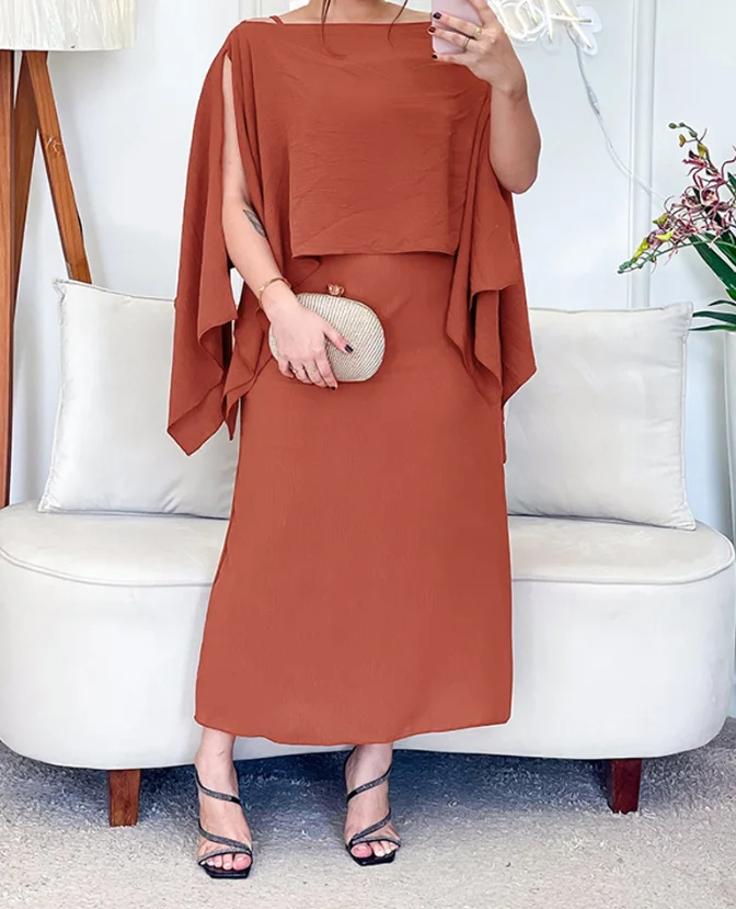 

2-piece asymmetrical hem split sleeve pullover and casual MIDI skirt set for summer 2025 new women's clothing