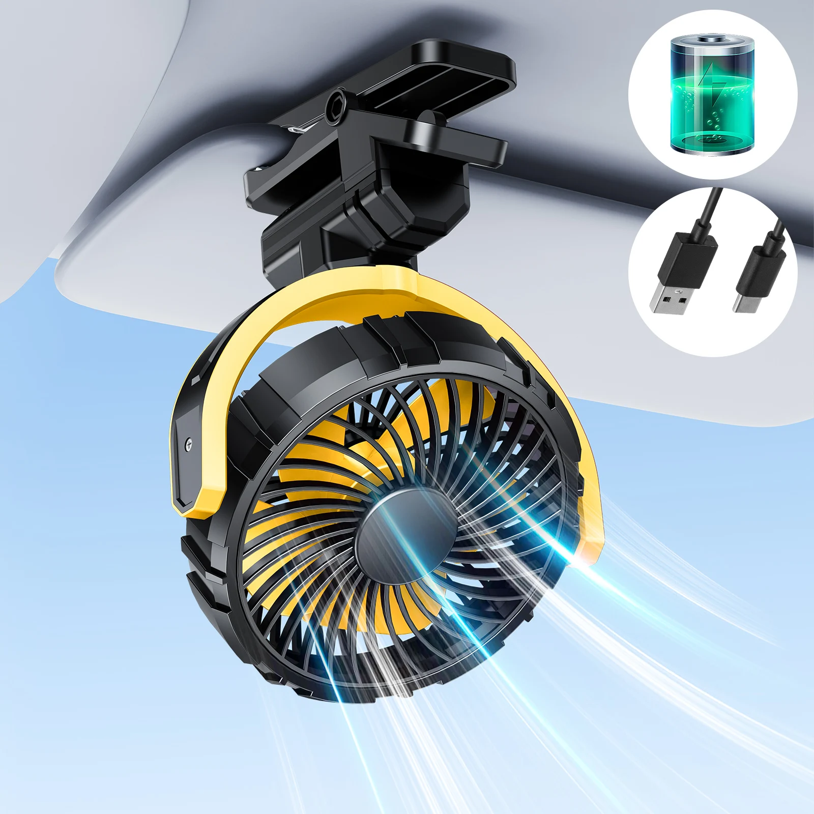 Eary Portable Car Clip On Fan Battery Operated 3 Speed Wind 900 Rotate Quiet Small Air Cooling Fan For Desk Camping Stroller Fan - Image 3