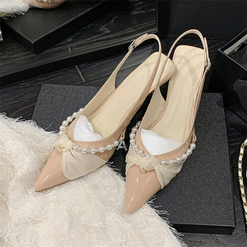 

Women Pointed Toe Shoes Buckle Strap Hight Heels Fashion Pearl Sandals Luxury Design Sweet Butterfly Knot Pumps Slip On Cozy