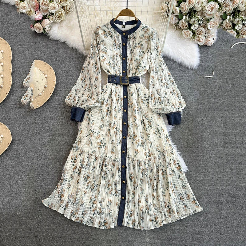 

Spring Autumn Gentle Celebrity Dresses Lantern Long Sleeved Denim Patchwork Dress Round Neck Waist slimming A-line floral Dress