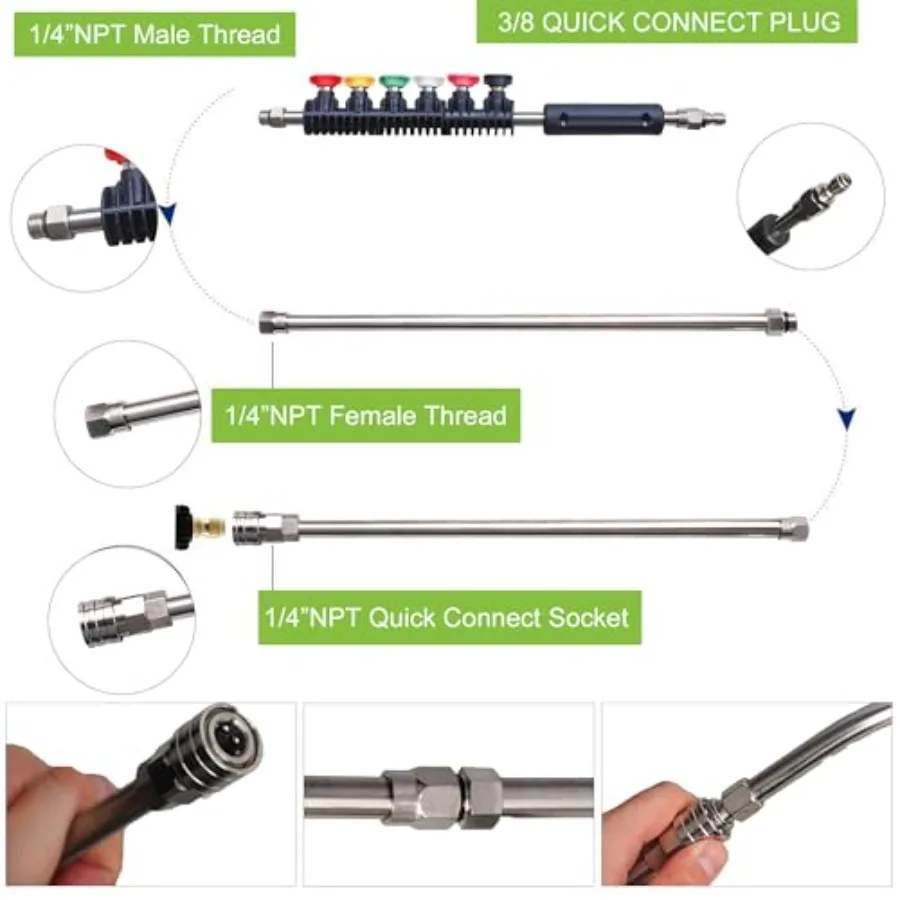 9 Pack Prure Washer Extension Wand Upgrade Power Washer Lance with 6 Nozzle Tips, 30°, 90°, 120° Curved Rod, 1/4