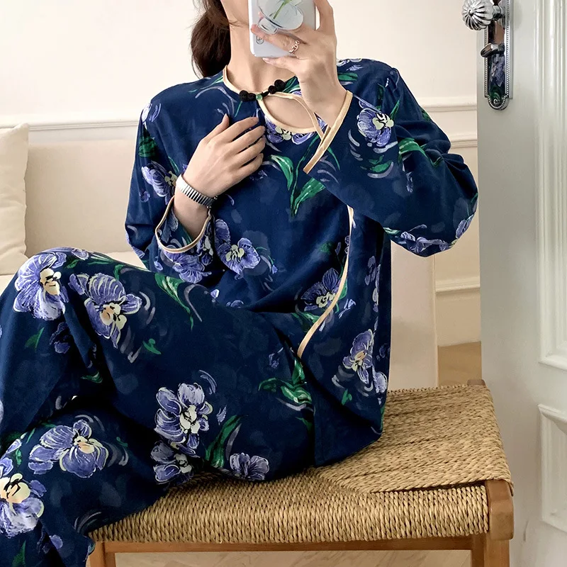 Summer Spring New Pajamas Set Women Elegant Chinese Style Home Clothes Long Sleeve Sleepwear Cotton Nightwear Lady Loungewear 6