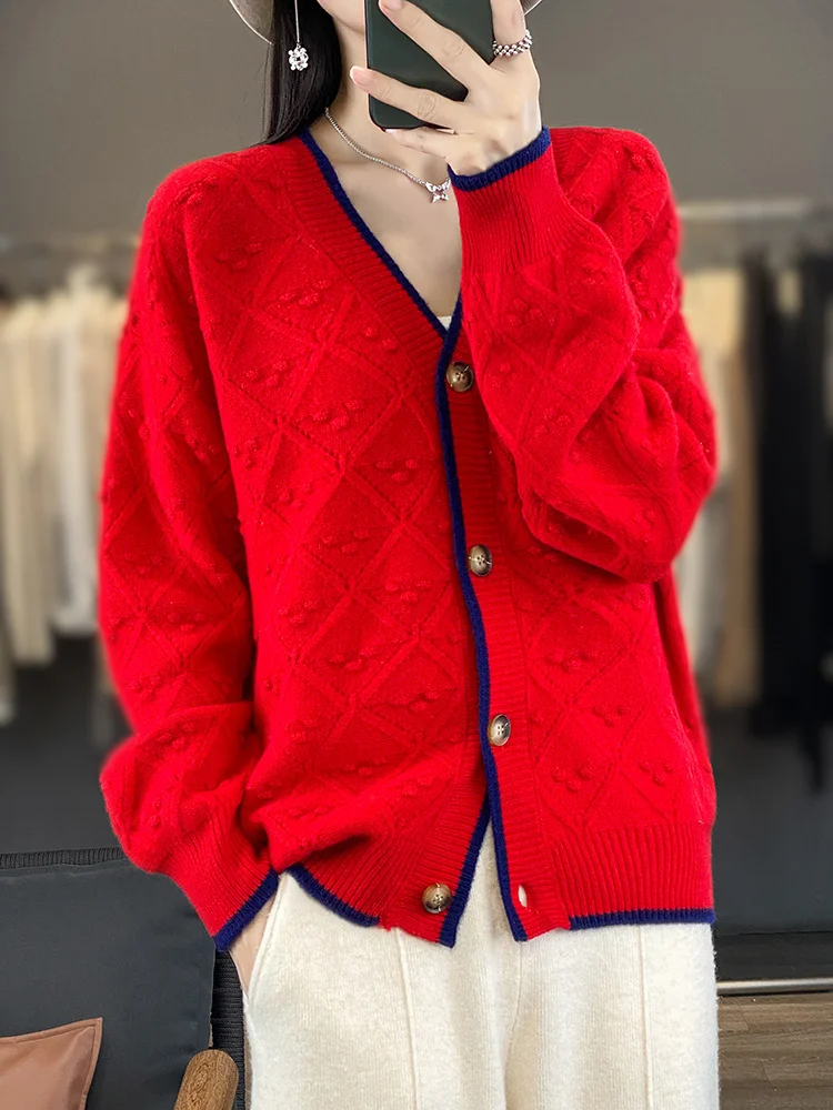 Addonee Women Sweater Autumn Winter Vintage Style Cardigan Hollow Twist 100% Merino Wool V-neck Long Sleeve Thick Knitwear 2023