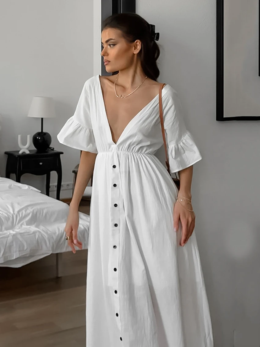 

Marthaqiqi Cotton White Female Nightgowns Half Sleeve Sleepwear Sexy V-Neck Nightwear Ankle-Length Dress Causal Women Pajamas