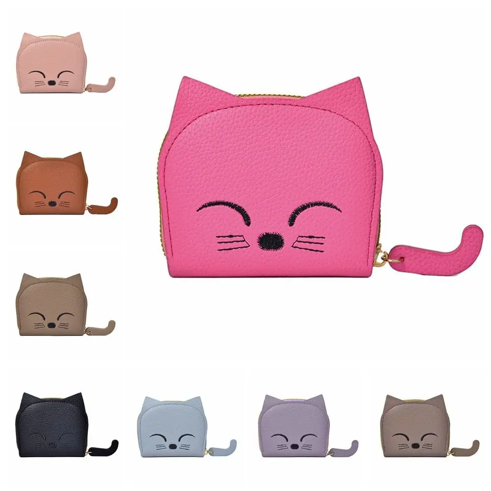 Tas kartu kulit PU elegan kucing lucu ritsleting tempat kartu hewan dompet koin saku kartu wanita