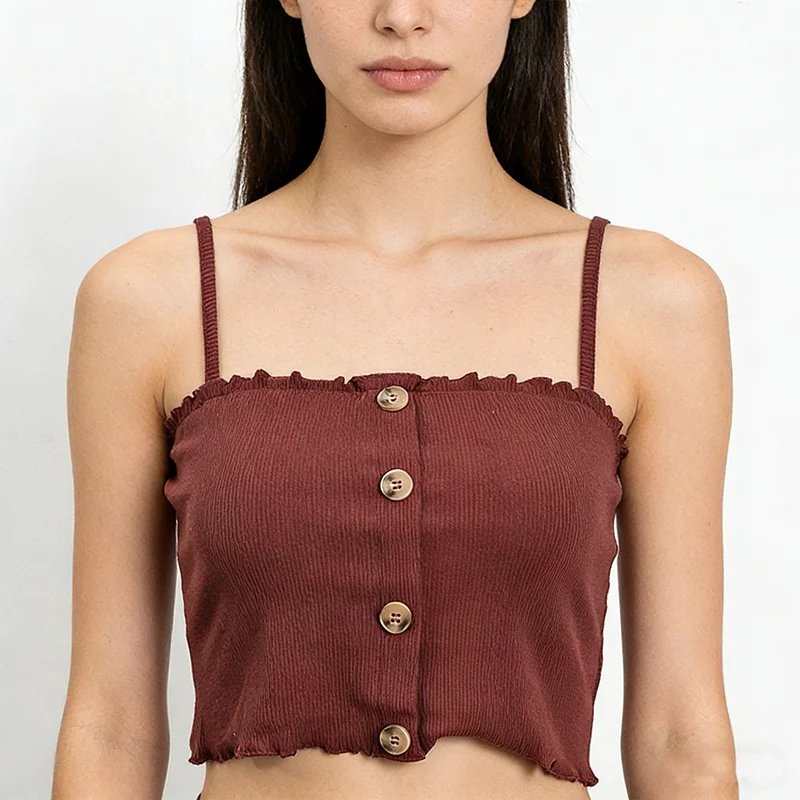 Sommer frauen Baumwolle Strappy Top Einfarbig Ärmel Bodycon Sexy Bauchnabel Mit Knöpfen Stricken Tops Koreanische Harajuku Dame Bh