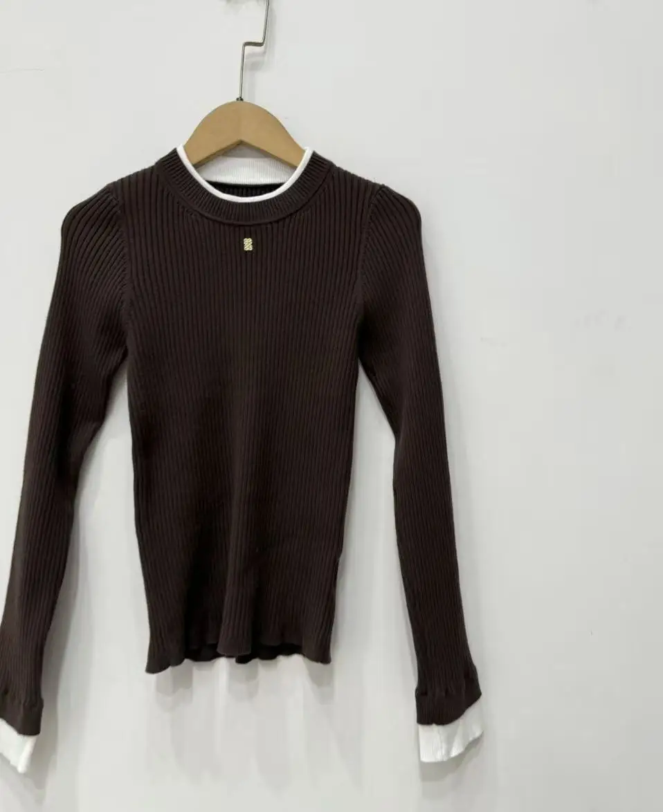 Women Contrasting Color Pit Knit Sweater Long Sleeve O-Neck Slim Fitting Female Knitwear Pullover Tops