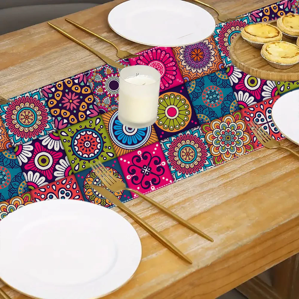 1pc Vintage Boho Mandala Print Linen Table Runner Table Decoration Home Dinner Holiday Party Decoration Table Runner Accessories