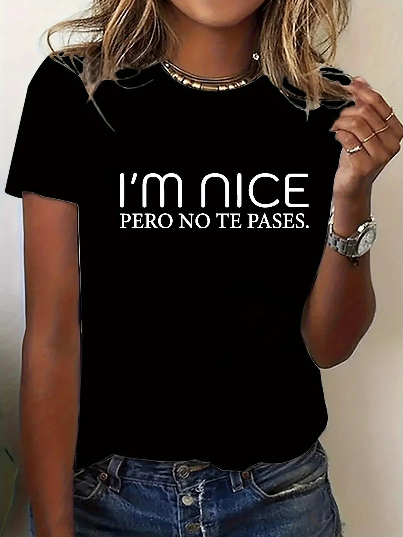 

Women's White Crew Neck T-Shirt - I'M Nice but Don'T Mess with Me Slogan Graphic Tee Medium Stretch Polyester Blend Top for Everyday Wear