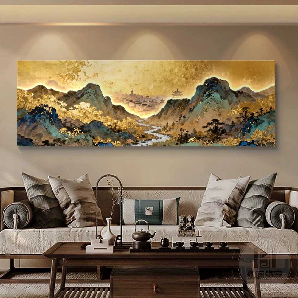 Backed by mountains, modern light luxury living room decoration painting, gold foil landscape three-dimensional luminous mural