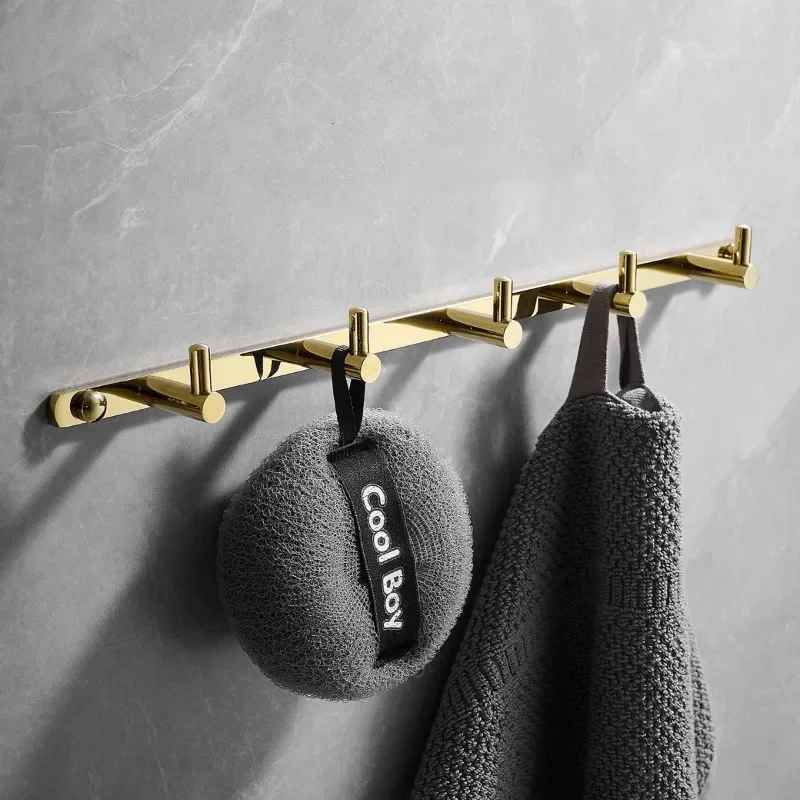Gold Solid Brass Hook Rack No Drill Wall Mounted Bathroom Coat Hooks Towel Robe Hanger Home Storage Accessories