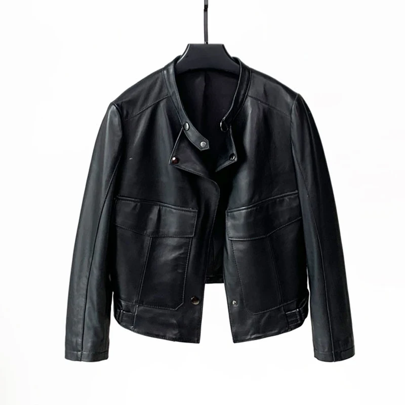 100% cuir véritable femmes vestes courtes décontractées mode vin rouge poches Cargo femme col montant en peau de mouton Moto vestes manteaux