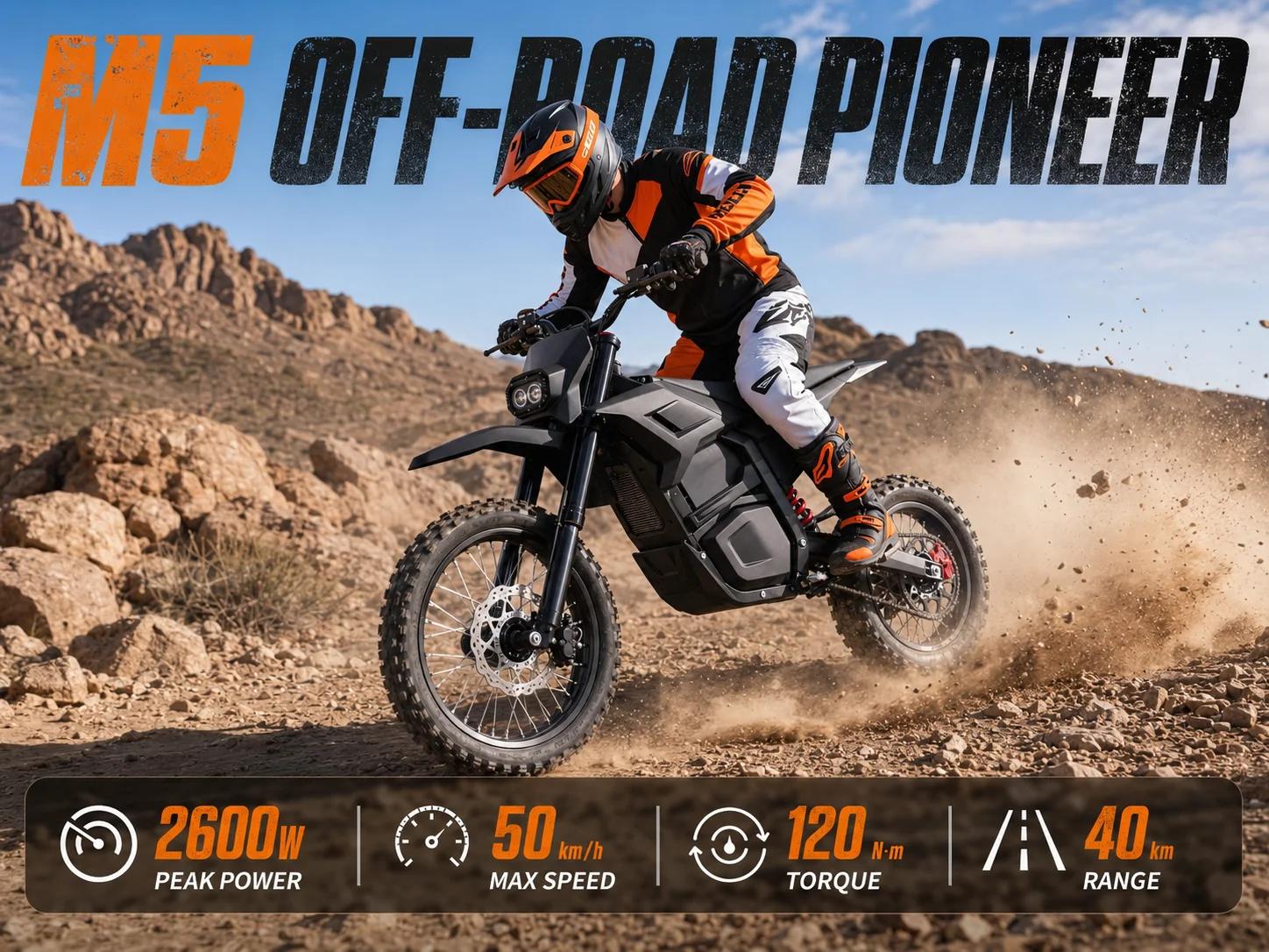 M5 Electric Bike for Adults 2600W Peak 30MPH Max Speed 48V 20Ah Lithium Battery 25 Mile Range All-Terrain Off-Road Electric Motorcycle  Tires Inverted Front Fork Rear Shock Absorber Hydraulic Disc Brakes Chain Drive E-Dirt Bike for Off-Road