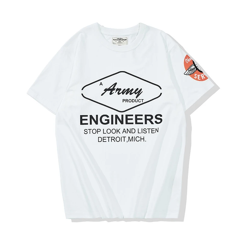 Summer Men\'s T Shirt Vintage Solid Color Letter Print Short Sleeve Tshirt Round Neck Cotton Tee Shirt Amekaji Retro Casual Tops