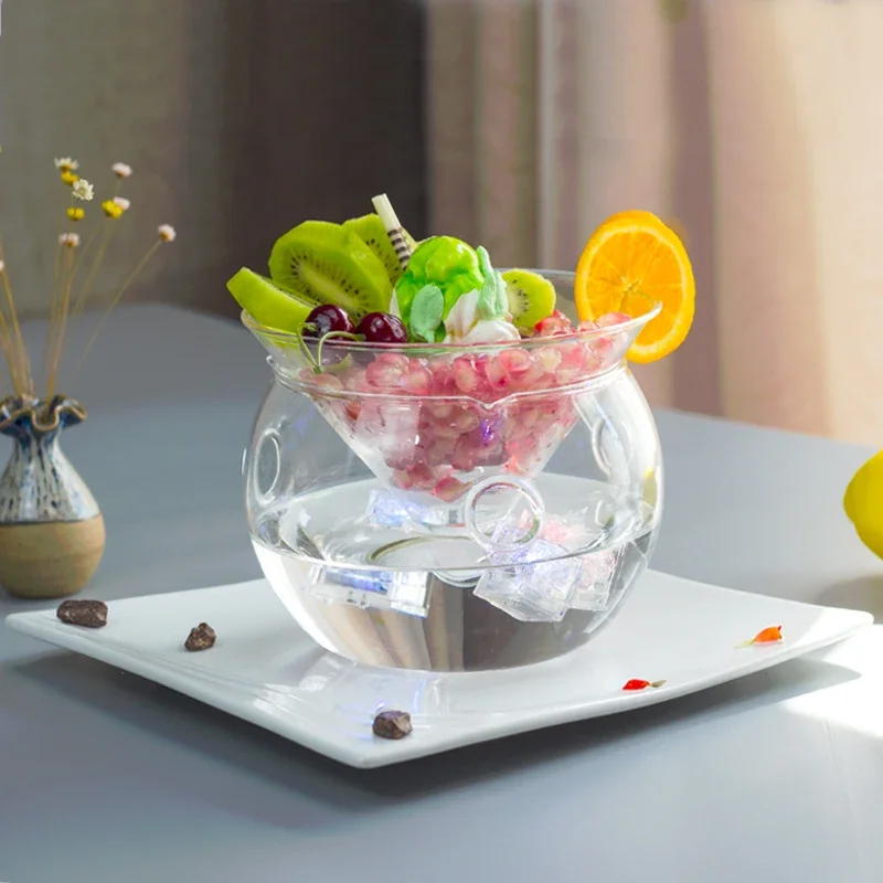 Creative dry ice, smoked ice cream, glass bowl, artistic and delicious food