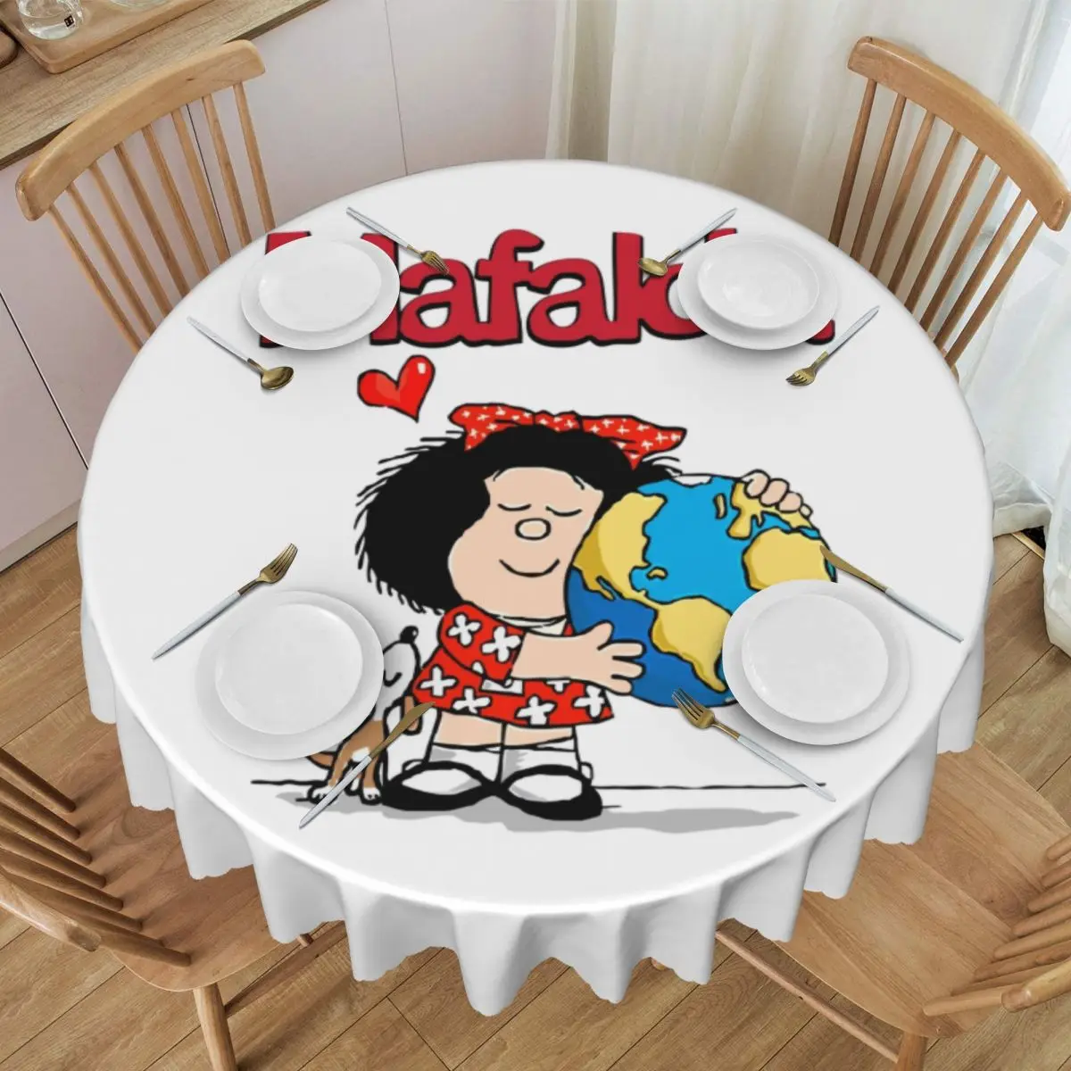 Mafalda World And Her Puppy Round Tablecloths 60 Inches Quino Comic Cartoon Table Cover for Kitchen Table Cloth