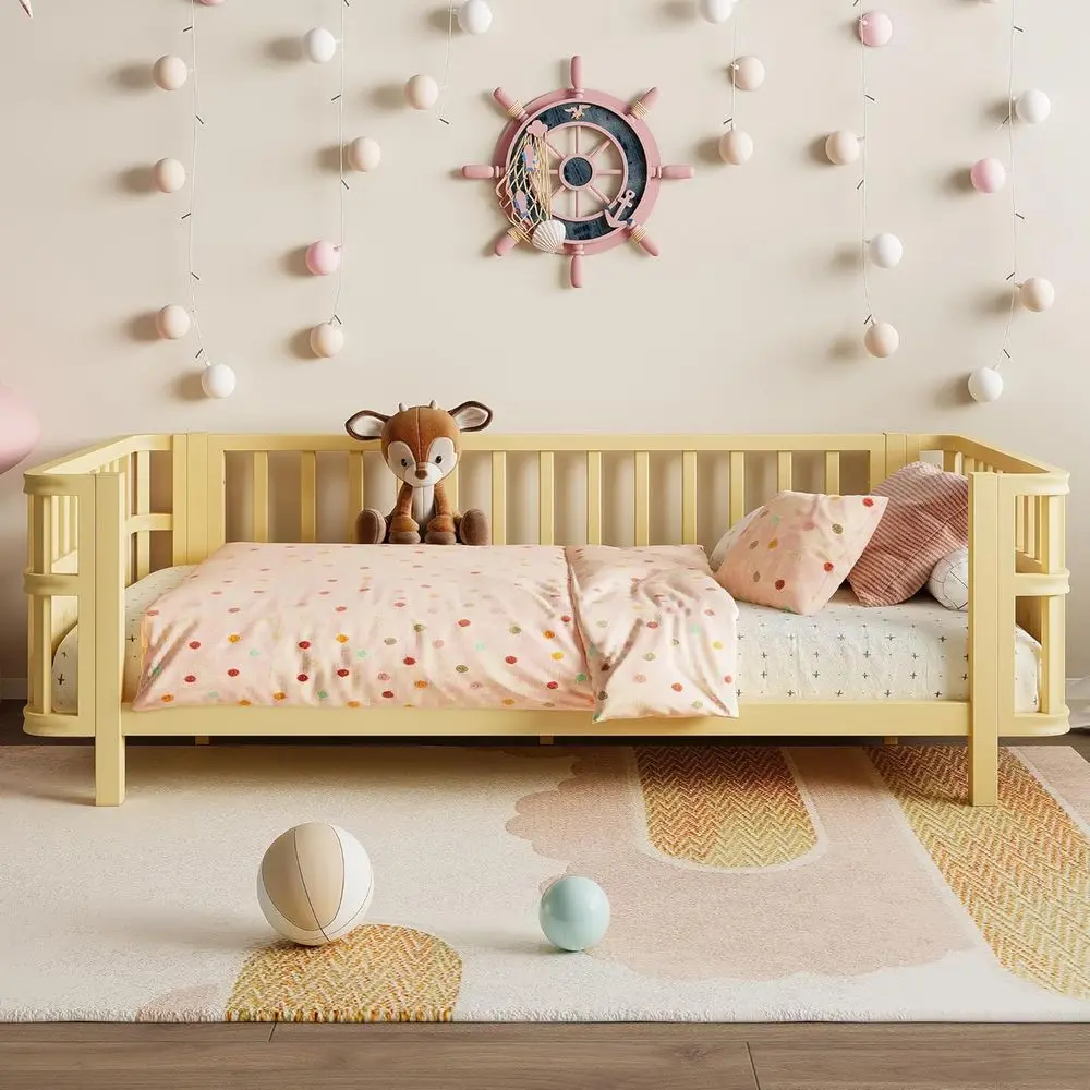 Metal Twin Size Montessori Bed with Fence and Slats, Twin Size Low Platform Bed Frame with Detachable Side Bed Rails and Rounded