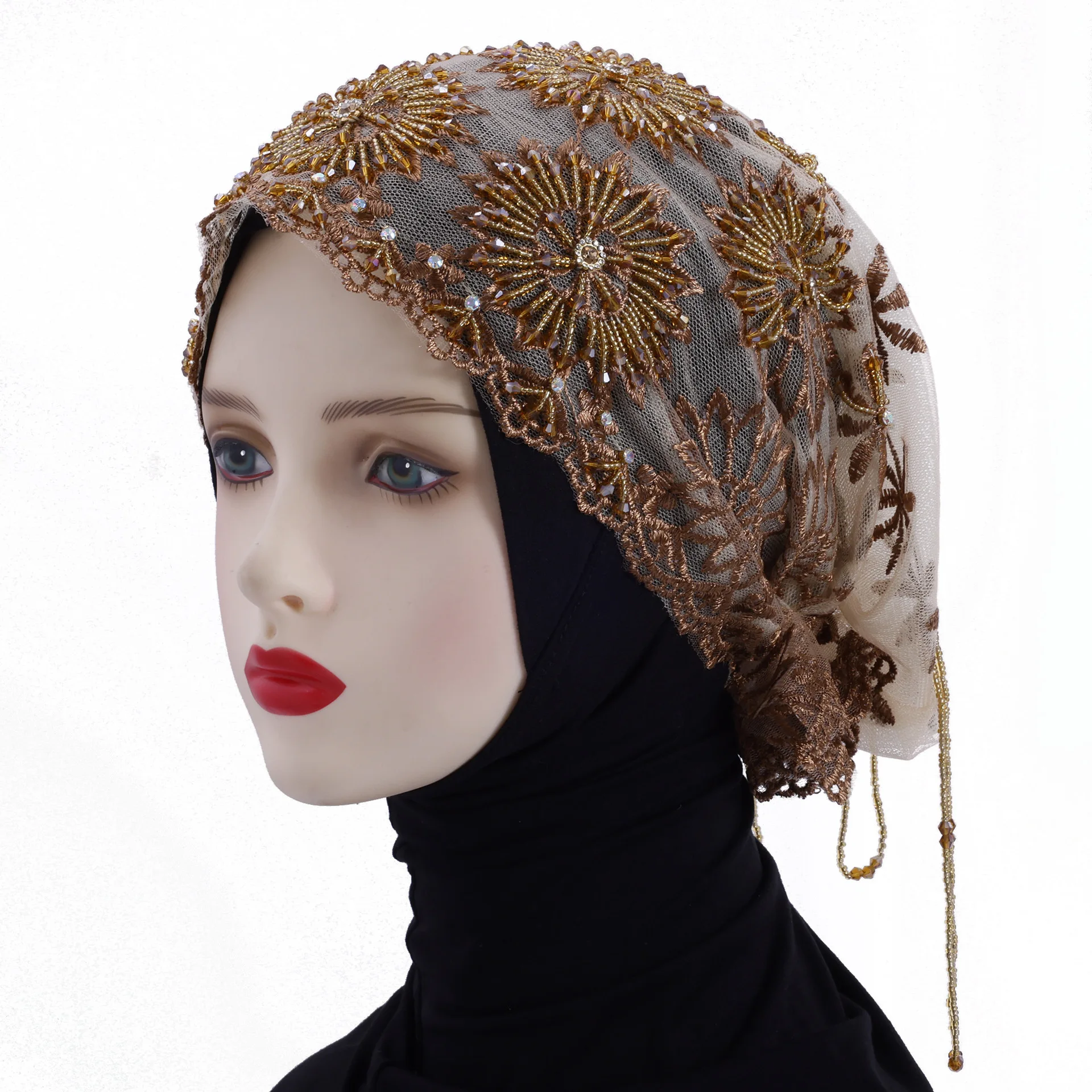 

Мусульманский хиджаб, женский кружевной нижний шарф, внутренняя шляпа, шапочки с кисточками и бисером, капот, кепка ниндзя, сетчатый платок с вышивкой, Turbante Mujer, новинка