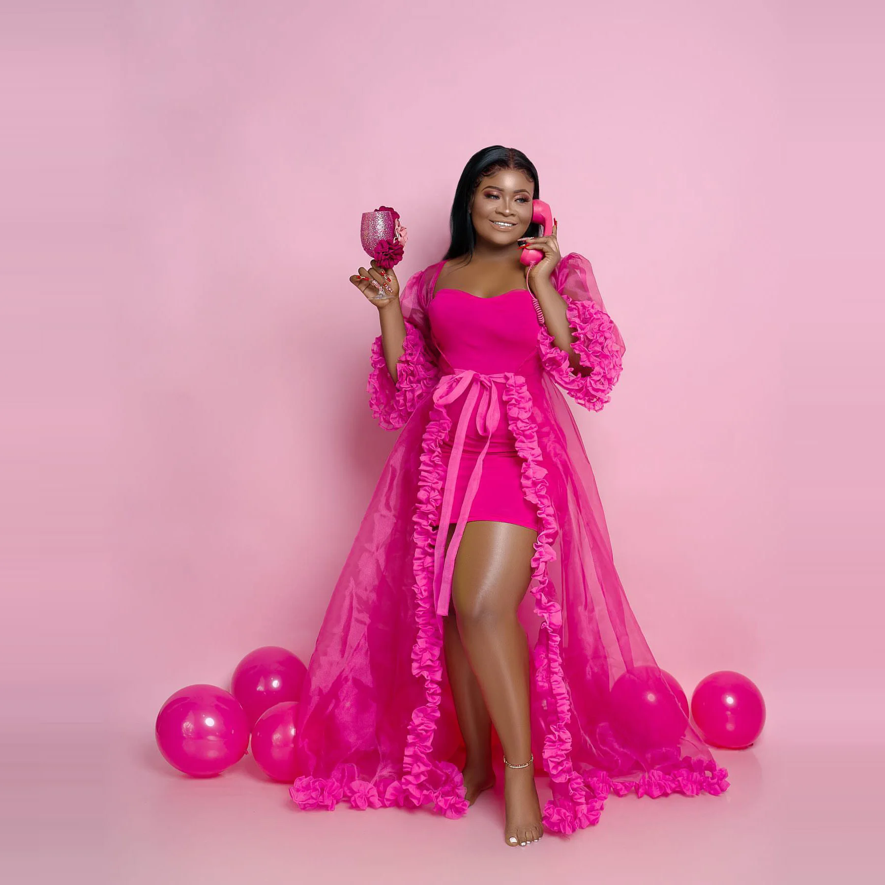 

Two Pieces Matching Hot Pink Robes For Wedding Long Sleeves Stretchy Inner Dress Bridal Evening Dresses See Thru Ruffles