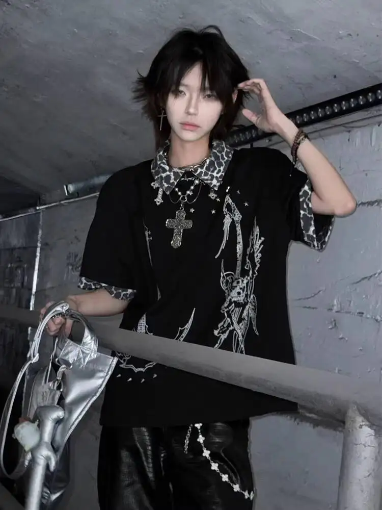 Gothic Punk Short Sleeve T-shirt For Unisex 2026 New Women's Y2K Leopard Print Patchwork Polo Shirt Dark Loose Short Sleeve Tee