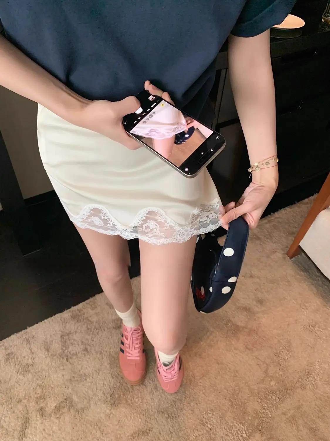 Elegant Ladies Fashion Lace Patchwork Satin A-line Skirt Summer High Waist Solid Color Vintage Mini Skirt Women Simple Clothes