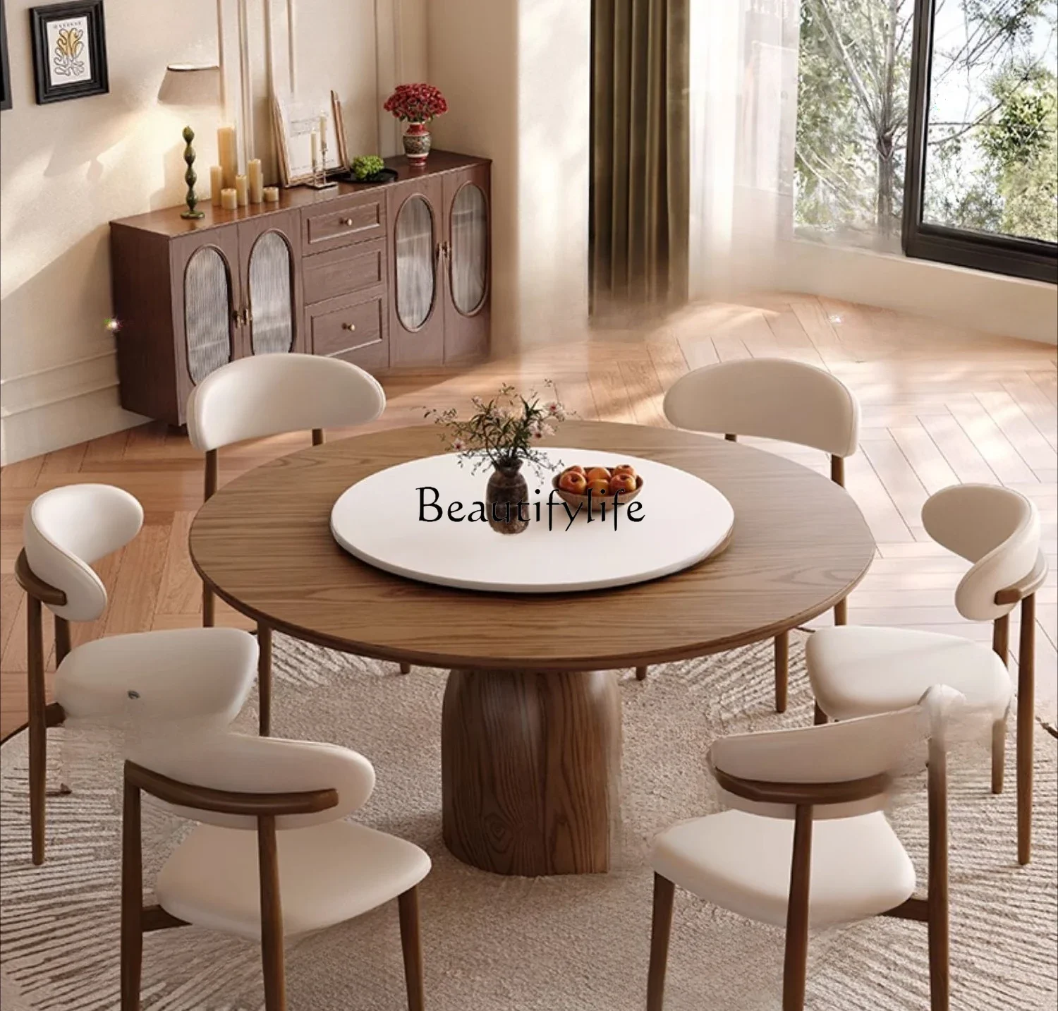 White wax wood antique round dining table with turntable walnut solid wood dining table