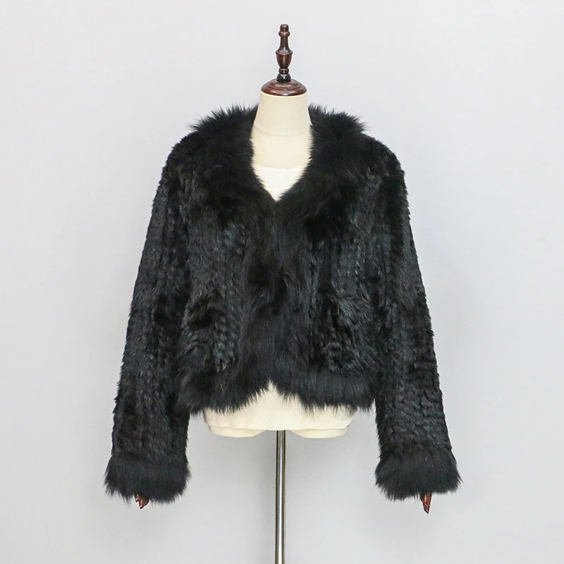 New Women's Real Rabbit Hair Knitted Coat Fashion Fox Hair Collar Knitted Cloak Thickened Warm Short Jacket Luxury Fur Tops