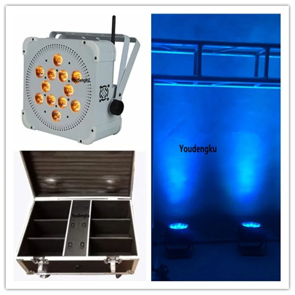 12 stuks met flightcase draadloze batterij aangedreven RGBWAUV draadloze batterij aangedreven led-uplights voor bruiloftsfeest podiumlicht