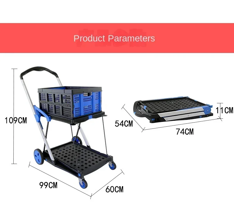 Mobile Folding Double-layer Shopping Collapsible Hand Buggy Portable Trolley Shopping Cart With Storage Crate Platform Truck